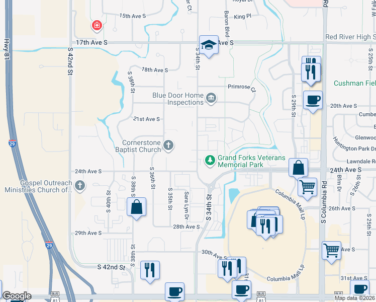 map of restaurants, bars, coffee shops, grocery stores, and more near 2300 South 34th Street in Grand Forks