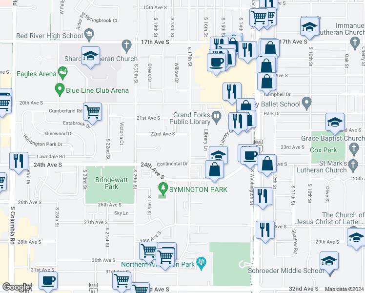 map of restaurants, bars, coffee shops, grocery stores, and more near 2222 South 17th Street in Grand Forks