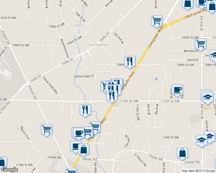 map of restaurants, bars, coffee shops, grocery stores, and more near 11030 Evergreen Way in Everett
