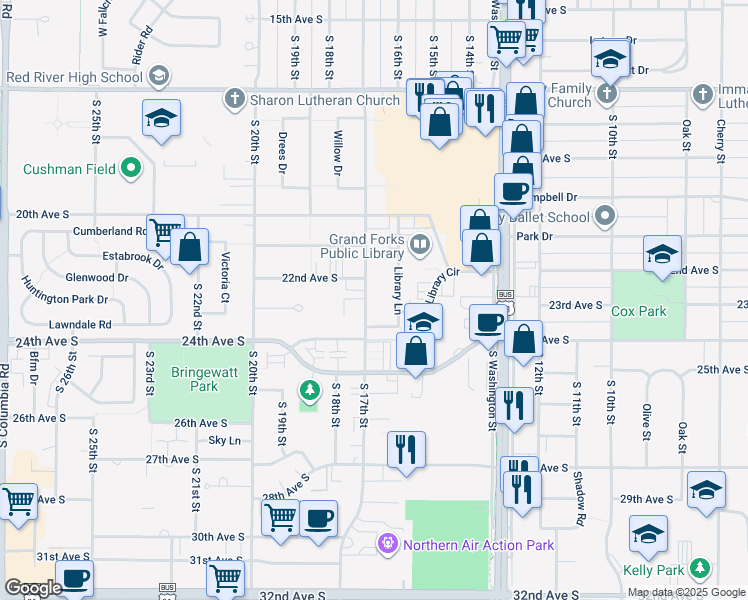 map of restaurants, bars, coffee shops, grocery stores, and more near 2300 Library Lane in Grand Forks
