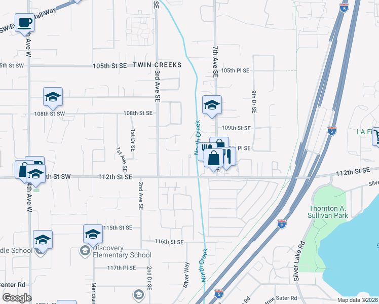 map of restaurants, bars, coffee shops, grocery stores, and more near 525 112th Street Southeast in Everett