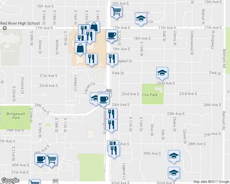 map of restaurants, bars, coffee shops, grocery stores, and more near 2299 South Washington Street in Grand Forks
