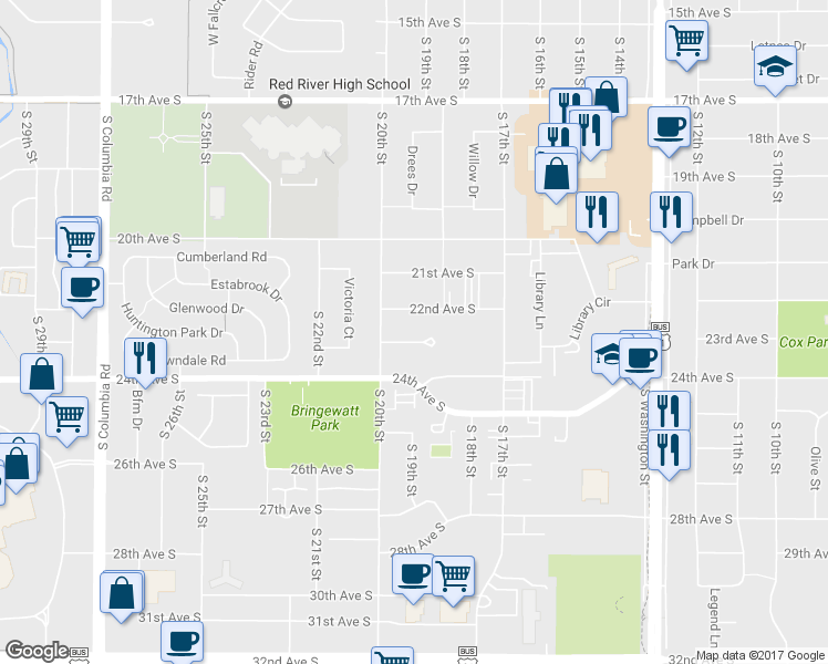 map of restaurants, bars, coffee shops, grocery stores, and more near 1952 23rd Avenue South in Grand Forks