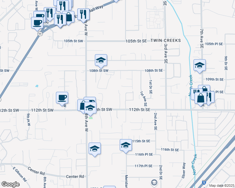 map of restaurants, bars, coffee shops, grocery stores, and more near 11012 Meridian Place West in Everett