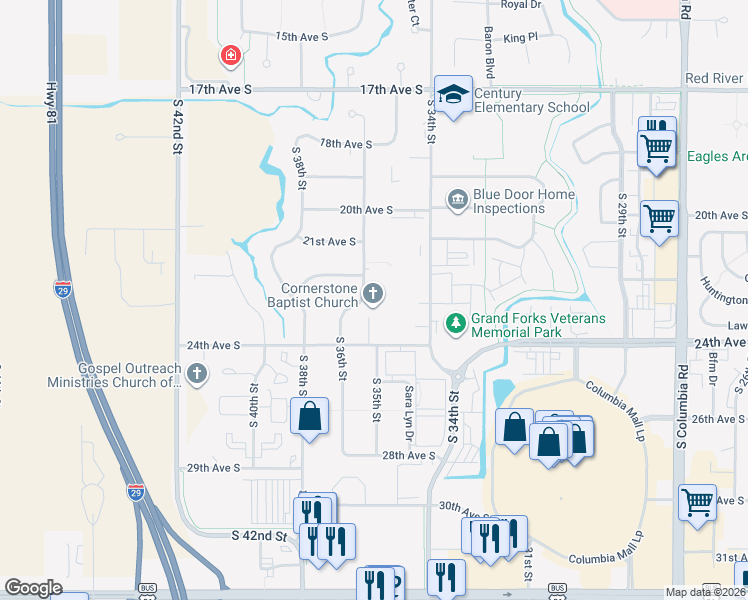 map of restaurants, bars, coffee shops, grocery stores, and more near 2291 South 36th Street in Grand Forks