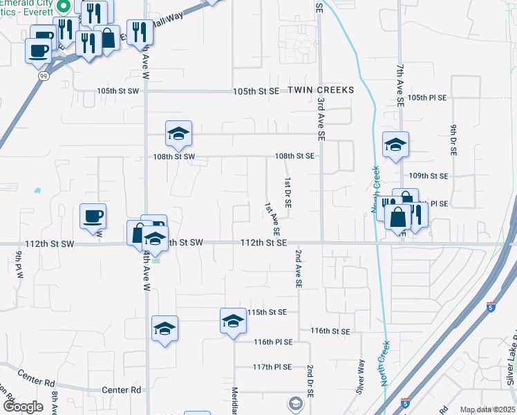 map of restaurants, bars, coffee shops, grocery stores, and more near 29 110th Place Southeast in Everett