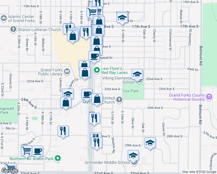 map of restaurants, bars, coffee shops, grocery stores, and more near 1106 23rd Avenue South in Grand Forks