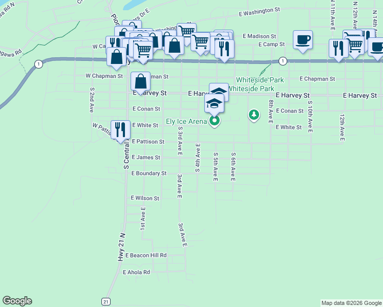 map of restaurants, bars, coffee shops, grocery stores, and more near 331 East James Street in Ely