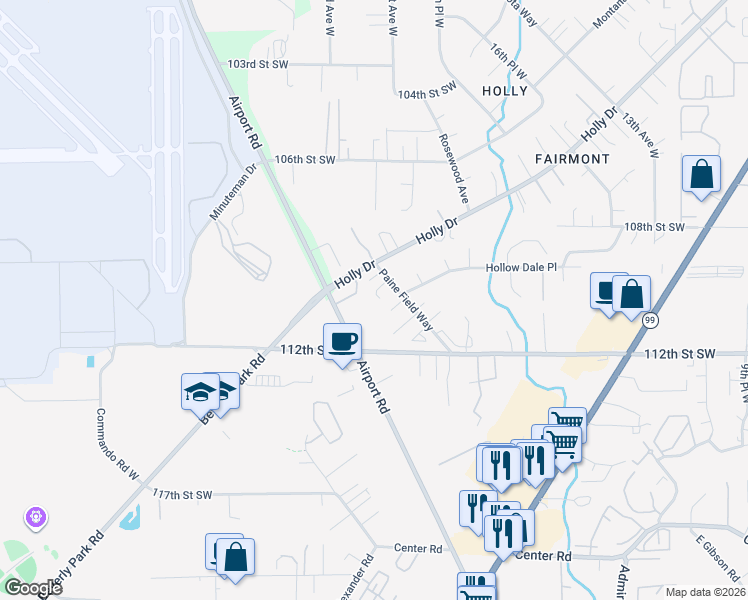 map of restaurants, bars, coffee shops, grocery stores, and more near 10936 Paine Field Way in Everett