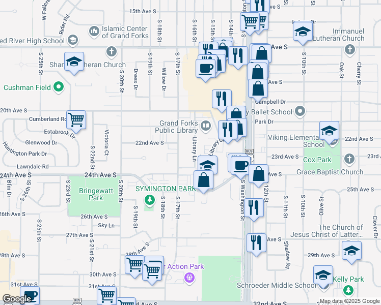 map of restaurants, bars, coffee shops, grocery stores, and more near 2300 Library Lane in Grand Forks