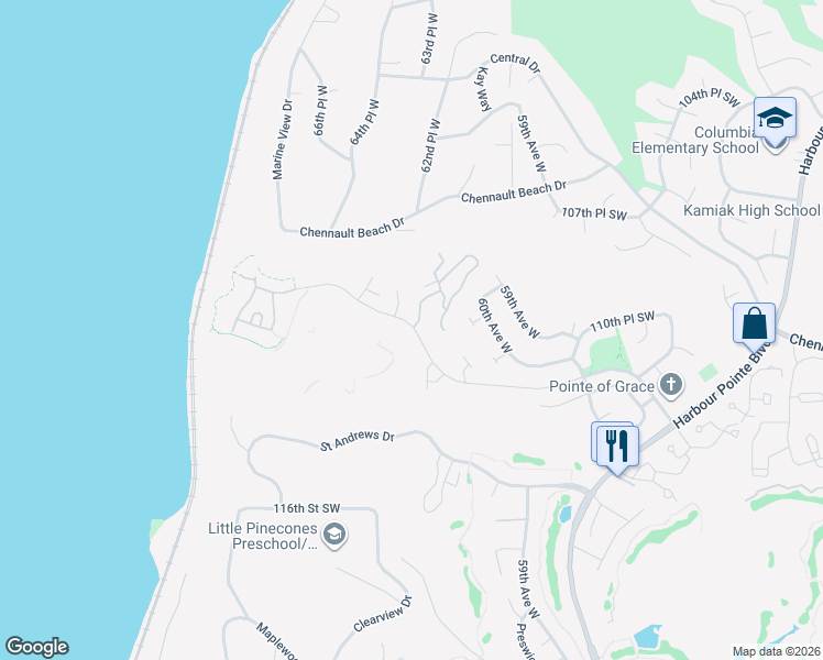 map of restaurants, bars, coffee shops, grocery stores, and more near 6238 Harbour Heights Parkway in Mukilteo