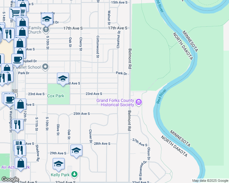 map of restaurants, bars, coffee shops, grocery stores, and more near 406 23rd Avenue South in Grand Forks