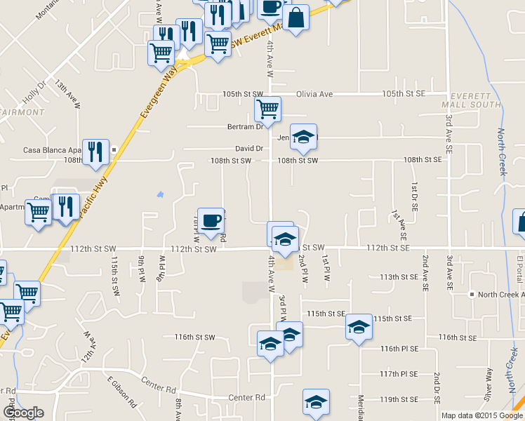 map of restaurants, bars, coffee shops, grocery stores, and more near 11012 4th Avenue West in Everett