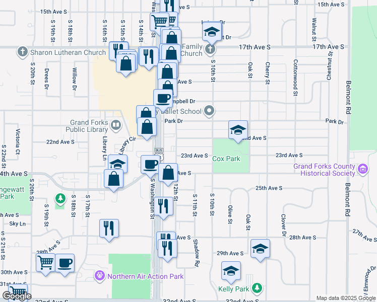 map of restaurants, bars, coffee shops, grocery stores, and more near 1106 23rd Avenue South in Grand Forks