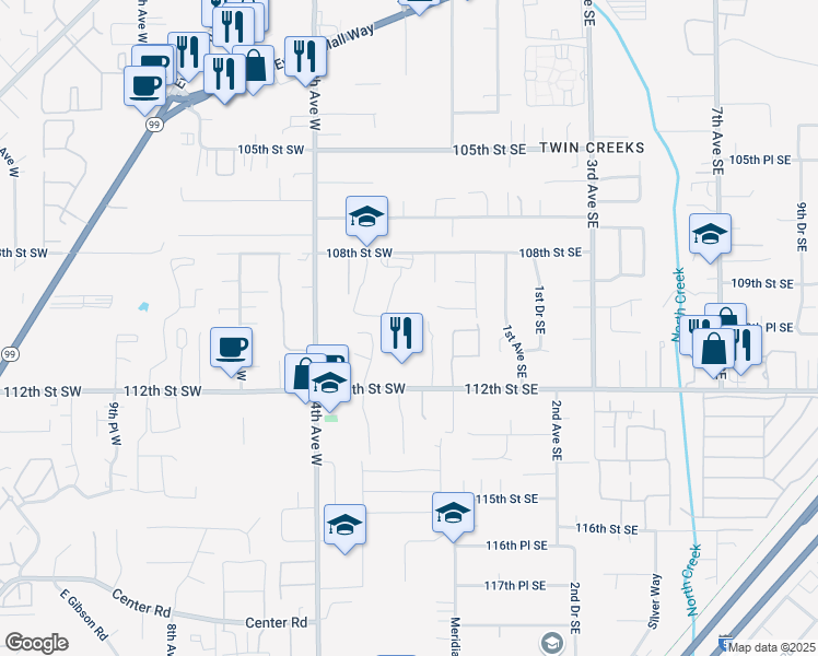 map of restaurants, bars, coffee shops, grocery stores, and more near 11012 Meridian Place West in Everett