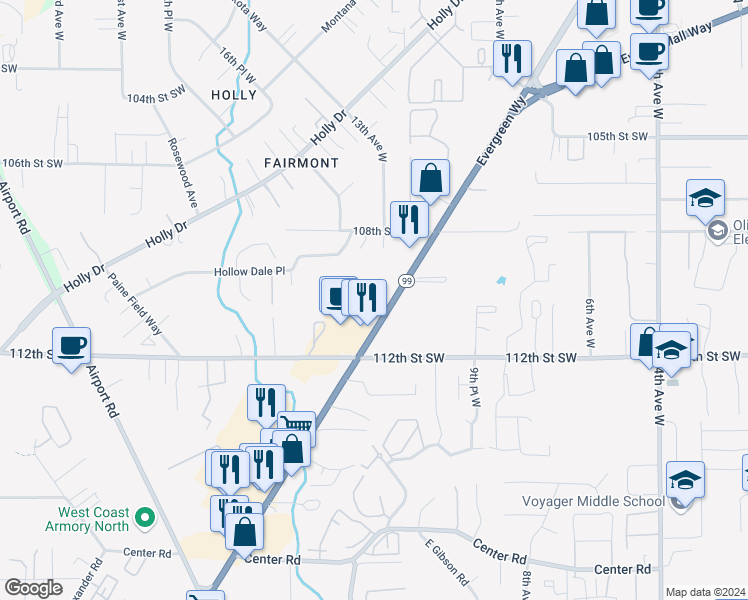 map of restaurants, bars, coffee shops, grocery stores, and more near 11030 Evergreen Way in Everett
