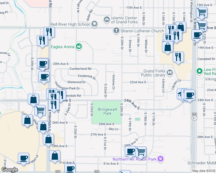 map of restaurants, bars, coffee shops, grocery stores, and more near 152 Victoria Ct in Grand Forks