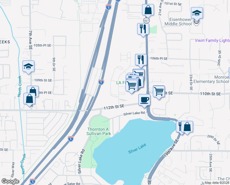 map of restaurants, bars, coffee shops, grocery stores, and more near 11100 16th Avenue Southeast in Everett