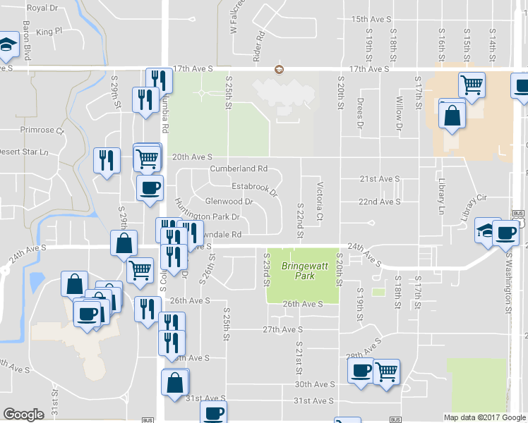 map of restaurants, bars, coffee shops, grocery stores, and more near 2459 Glenwood Drive in Grand Forks