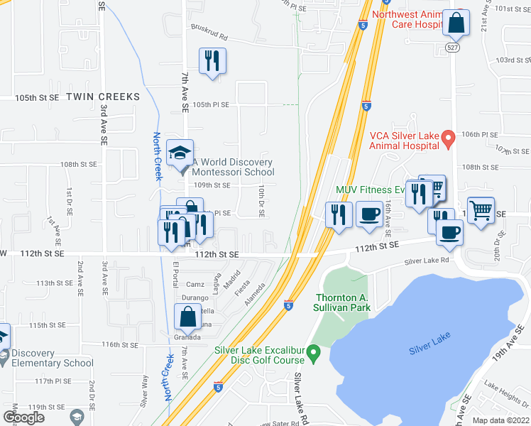 map of restaurants, bars, coffee shops, grocery stores, and more near 10929 10th Drive Southeast in Everett