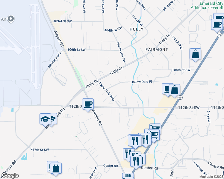 map of restaurants, bars, coffee shops, grocery stores, and more near 11023 Paine Field Way in Everett