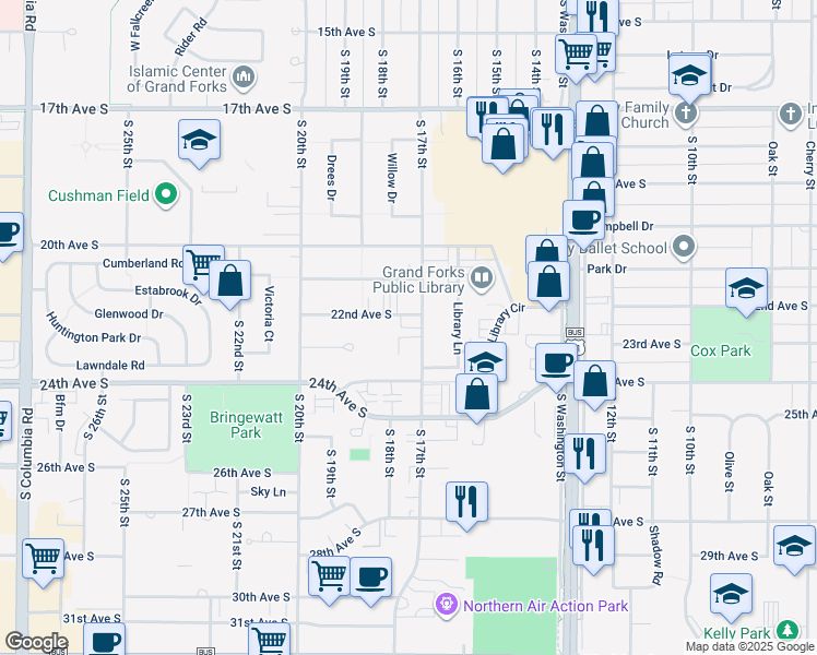 map of restaurants, bars, coffee shops, grocery stores, and more near 2222 South 17th Street in Grand Forks