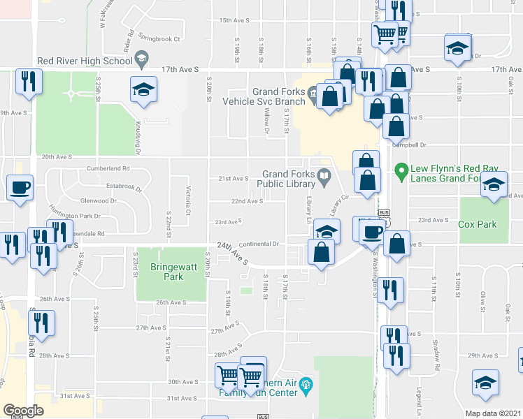 map of restaurants, bars, coffee shops, grocery stores, and more near 1802 Continental Drive in Grand Forks