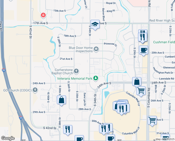 map of restaurants, bars, coffee shops, grocery stores, and more near 2300 South 34th Street in Grand Forks