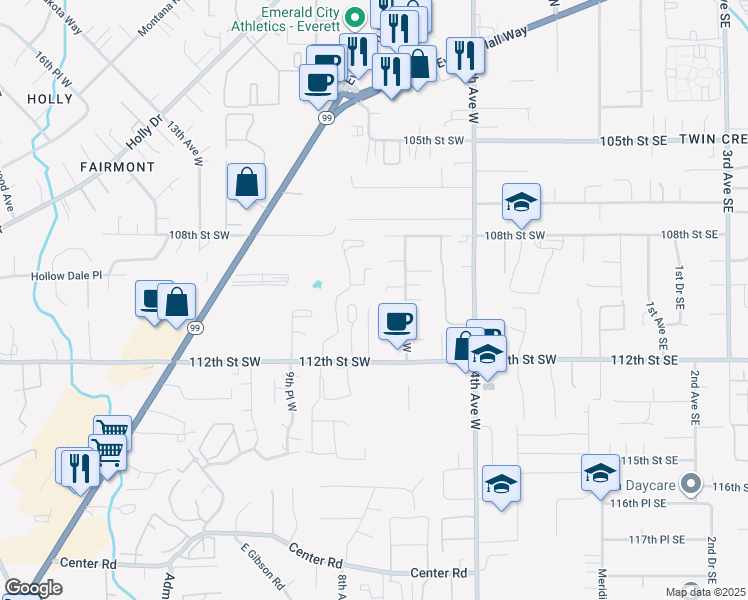 map of restaurants, bars, coffee shops, grocery stores, and more near 11009 7th Place West in Everett