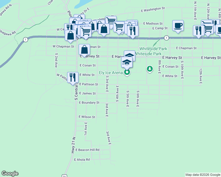 map of restaurants, bars, coffee shops, grocery stores, and more near 331 East James Street in Ely