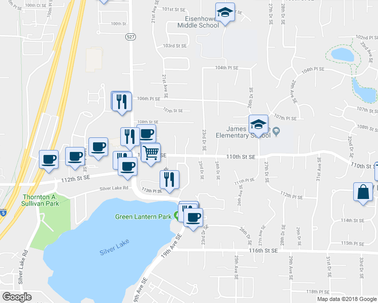 map of restaurants, bars, coffee shops, grocery stores, and more near 2217 110th Street Southeast in Everett