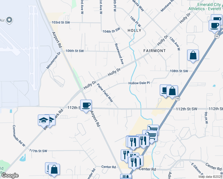 map of restaurants, bars, coffee shops, grocery stores, and more near 11023 Paine Field Way in Everett