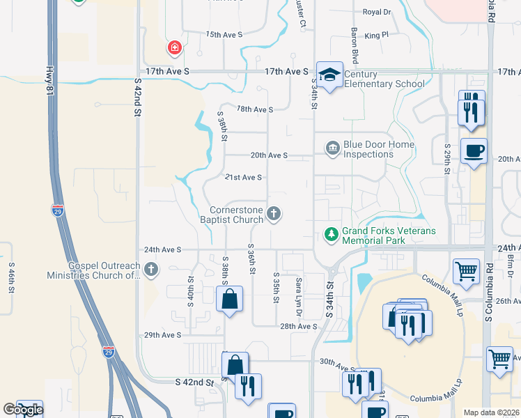 map of restaurants, bars, coffee shops, grocery stores, and more near 2291 South 36th Street in Grand Forks