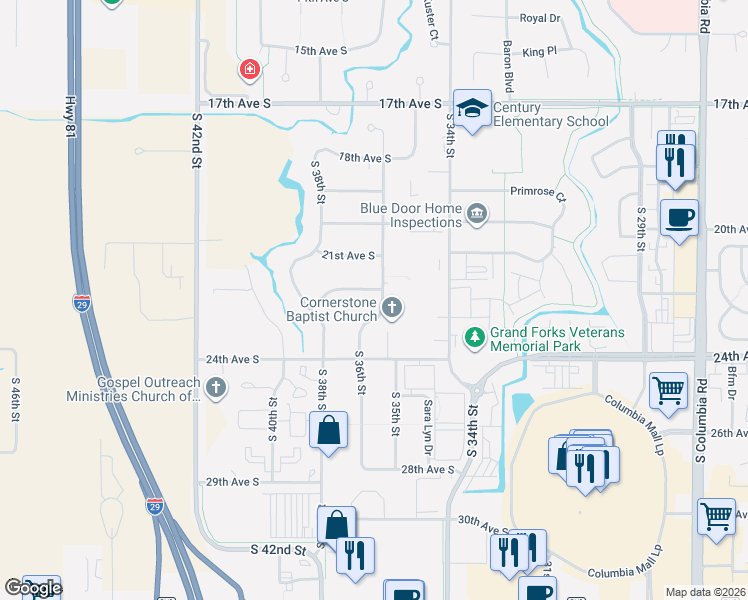 map of restaurants, bars, coffee shops, grocery stores, and more near 2291 South 36th Street in Grand Forks