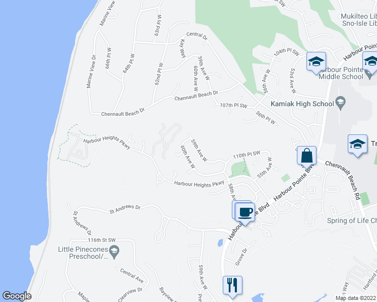 map of restaurants, bars, coffee shops, grocery stores, and more near 11007 60th Avenue West in Mukilteo