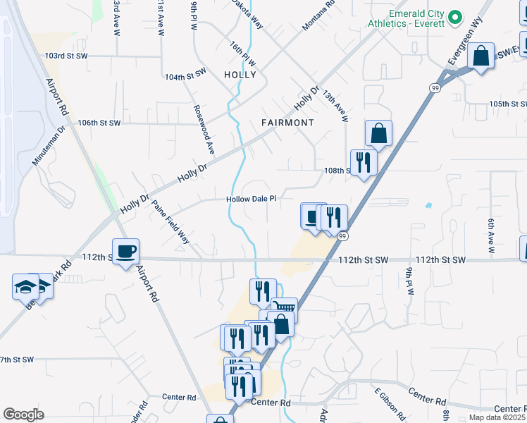 map of restaurants, bars, coffee shops, grocery stores, and more near 1612 Hollow Dale Place in Everett
