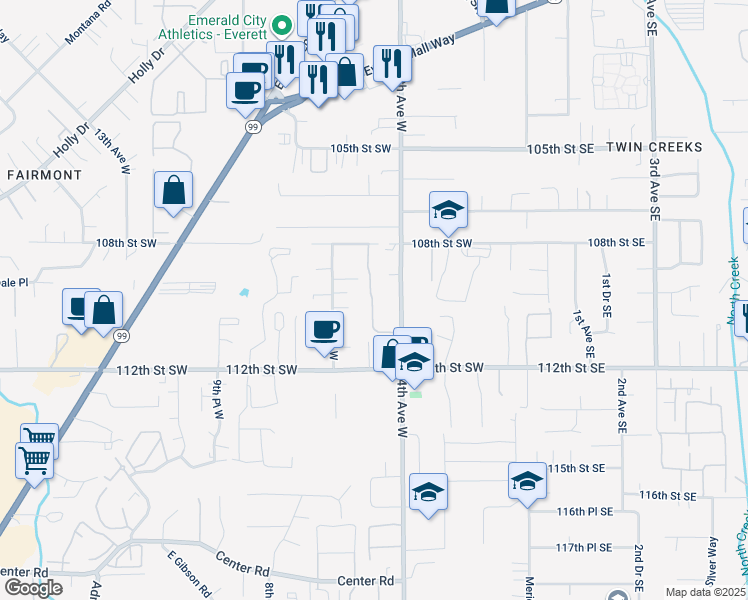 map of restaurants, bars, coffee shops, grocery stores, and more near 11100 4th Avenue West in Everett