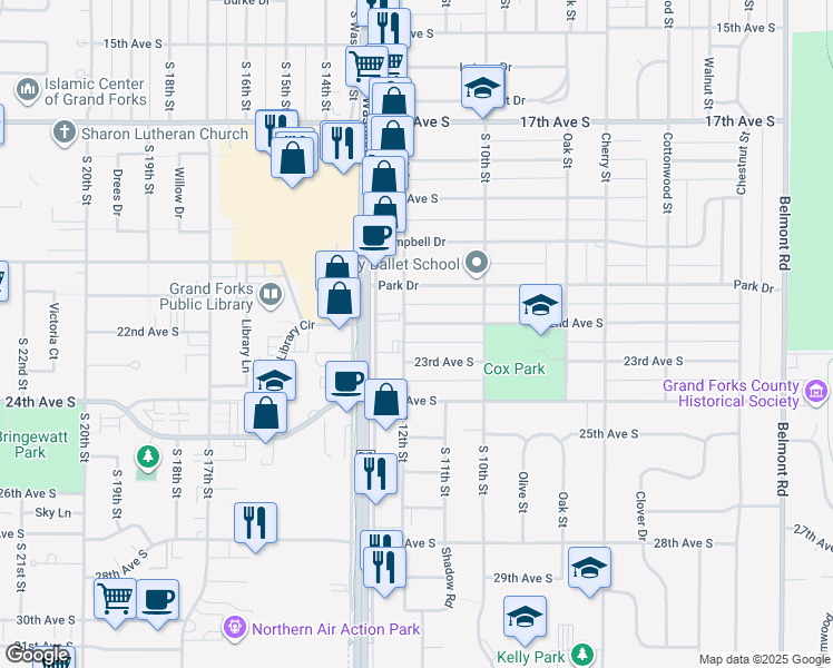 map of restaurants, bars, coffee shops, grocery stores, and more near 1115 22nd Avenue South in Grand Forks