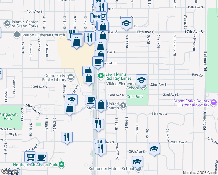map of restaurants, bars, coffee shops, grocery stores, and more near 1106 23rd Avenue South in Grand Forks