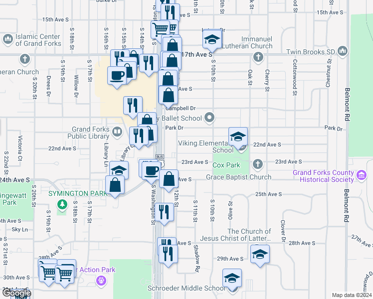 map of restaurants, bars, coffee shops, grocery stores, and more near 1111 22nd Avenue South in Grand Forks