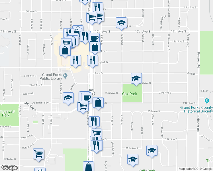 map of restaurants, bars, coffee shops, grocery stores, and more near 1106 23rd Avenue South in Grand Forks