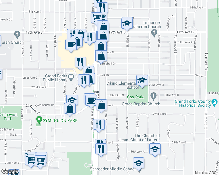map of restaurants, bars, coffee shops, grocery stores, and more near 1106 23rd Avenue South in Grand Forks