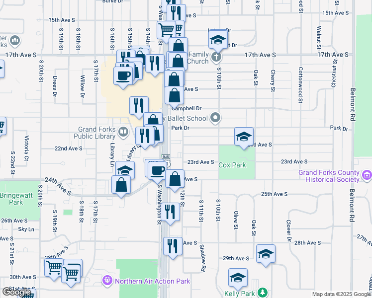 map of restaurants, bars, coffee shops, grocery stores, and more near 2299 South Washington Street in Grand Forks