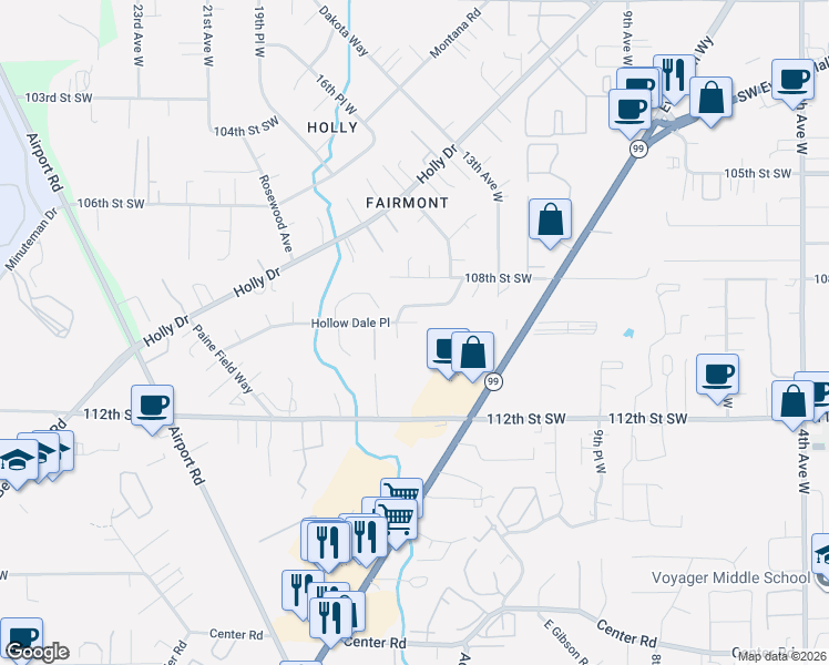 map of restaurants, bars, coffee shops, grocery stores, and more near 1528 Hollow Dale Place in Everett