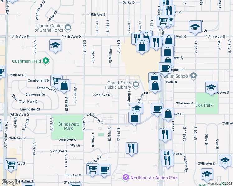 map of restaurants, bars, coffee shops, grocery stores, and more near 1702 22nd Avenue South in Grand Forks