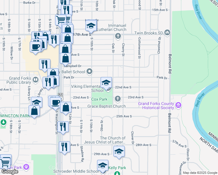 map of restaurants, bars, coffee shops, grocery stores, and more near 809 22nd Avenue South in Grand Forks
