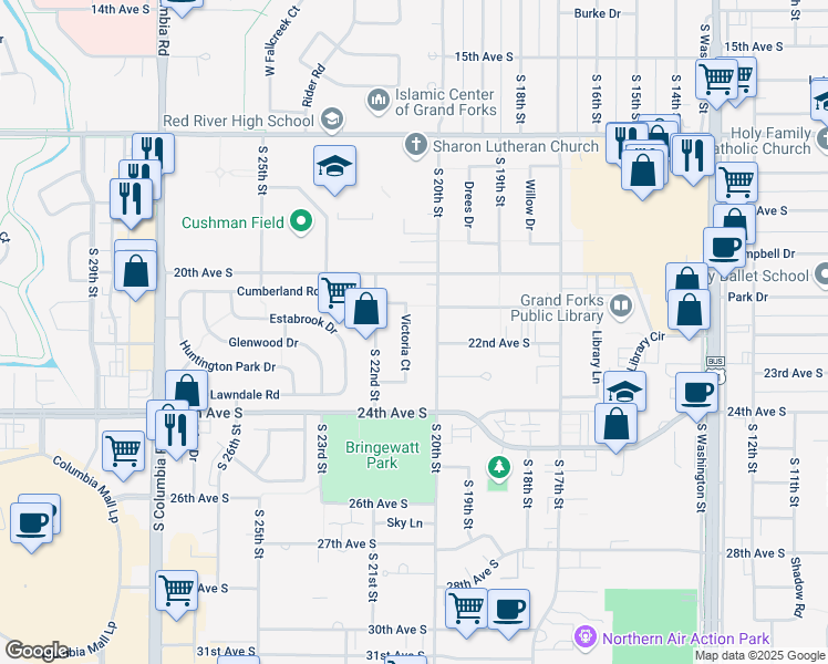 map of restaurants, bars, coffee shops, grocery stores, and more near 2098 South 20th Street in Grand Forks