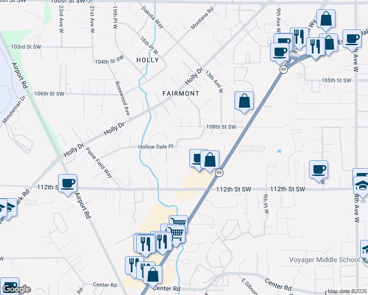 map of restaurants, bars, coffee shops, grocery stores, and more near 1510 Hollow Dale Place in Everett