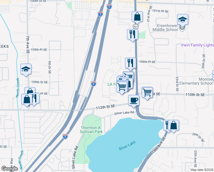 map of restaurants, bars, coffee shops, grocery stores, and more near 10809 16th Avenue Southeast in Everett