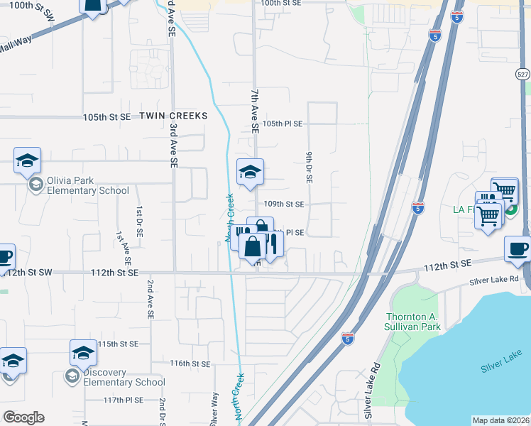 map of restaurants, bars, coffee shops, grocery stores, and more near 726 109th Street Southeast in Everett